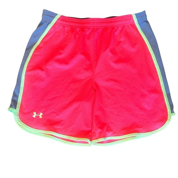 EUC Under Armour Womens Heat Gear Loose Fit Shorts Coral/Yellow/Gray Medium - Picture 1 of 6